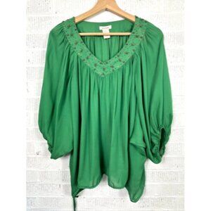 Sundance Womens 100% Silk Sheer Blouse Green Peasant Beaded V Neck Large